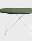 An ironing board with an olive green padded cover, fitted to a Hills Medium ironing board.