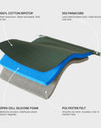 Olive green ironing board cover material diagram: 100% cotton ripstop, paracord, open cell silicone foam, and polyester felt.