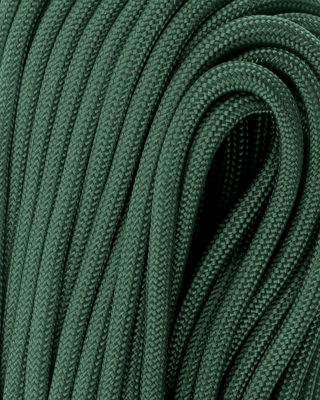 A close-up of dark green braided nylon paracord cord, filling the entire frame with a tightly coiled texture.